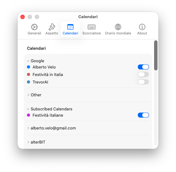 easyCal - Selezione calendari