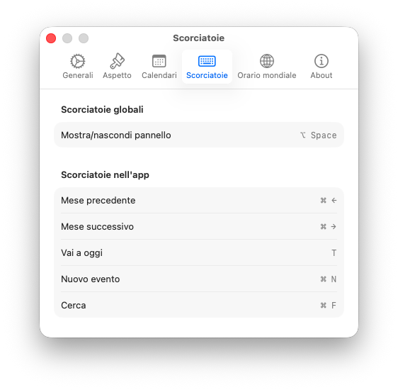 easyCal - Scorciatoie tastiera